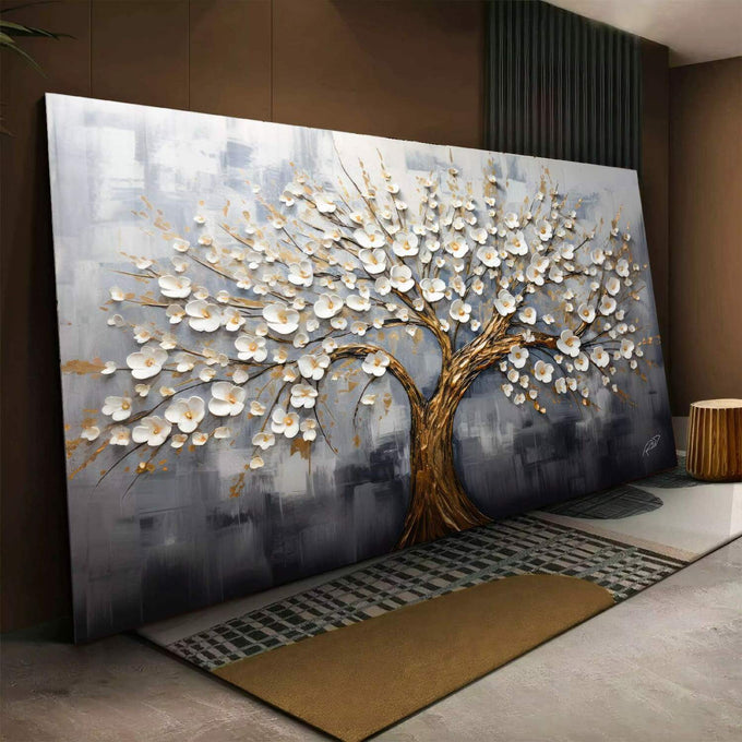 Quadro Decorativo Árvore da Vida Dourada: Luxo e Inspiração - quadros decorativos para sala 1 Tela, 1 Tela Horizontal - em living room premium