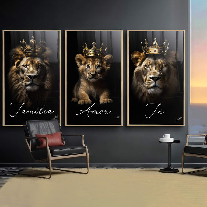 Quadro Decorativo Majestoso Leão com Coroa: Inspire-se! - quadros decorativos para sala 1 Tela Vertical, 3 Telas - em ambiente decorado