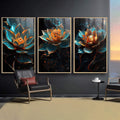 Quadro Decorativo Elegante Flor de Lótus: Toque de Paz - quadros decorativos para sala 1 Tela Vertical, 3 Telas - em ambiente decorado