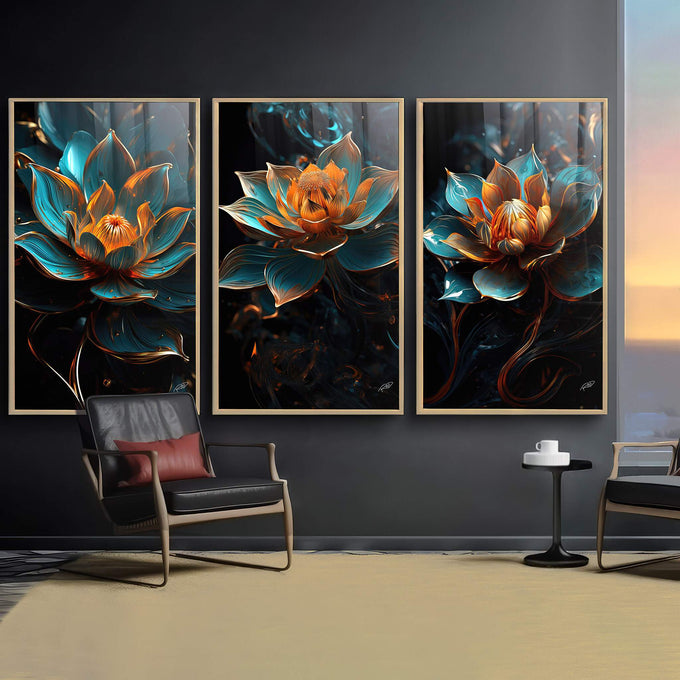 Quadro Decorativo Elegante Flor de Lótus: Toque de Paz - quadros decorativos para sala 1 Tela Vertical, 3 Telas - em ambiente decorado