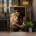 Quadro Decorativo Jesus Abraçando o Leão - Toque Divino - quadros decorativos para sala 1 Tela Vertical, 3 Telas - em ambiente decorado