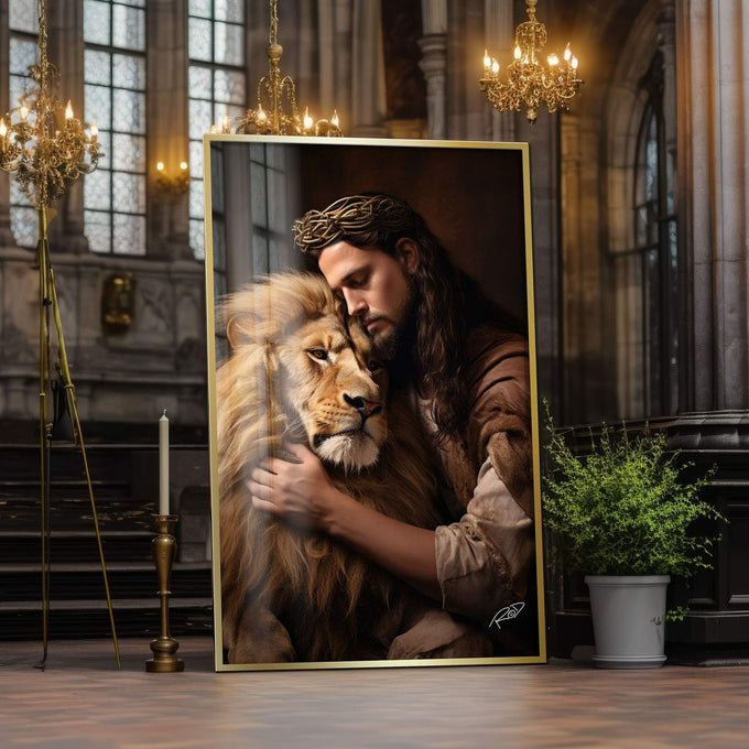 Quadro Decorativo Jesus Abraçando o Leão - Toque Divino - quadros decorativos para sala 1 Tela Vertical, 3 Telas - em ambiente decorado