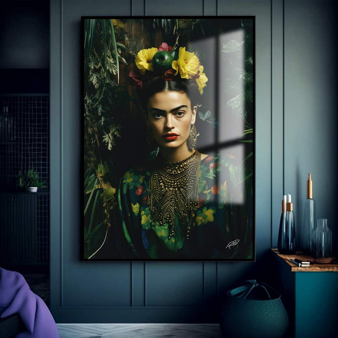 Quadro Decorativo Frida Encantadora com Folhagens - quadros decorativos para sala 1 Tela Vertical, 3 Telas - em ambiente decorado