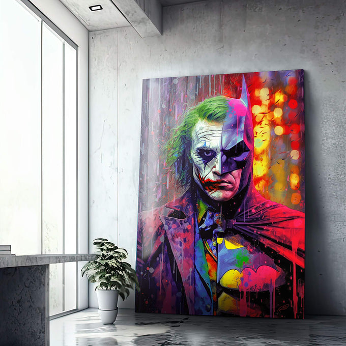 Quadro Decorativo Encontro Épico: Morcego vs Palhaço - quadros decorativos para sala 1 Tela Vertical, 3 Telas - em ambiente decorado