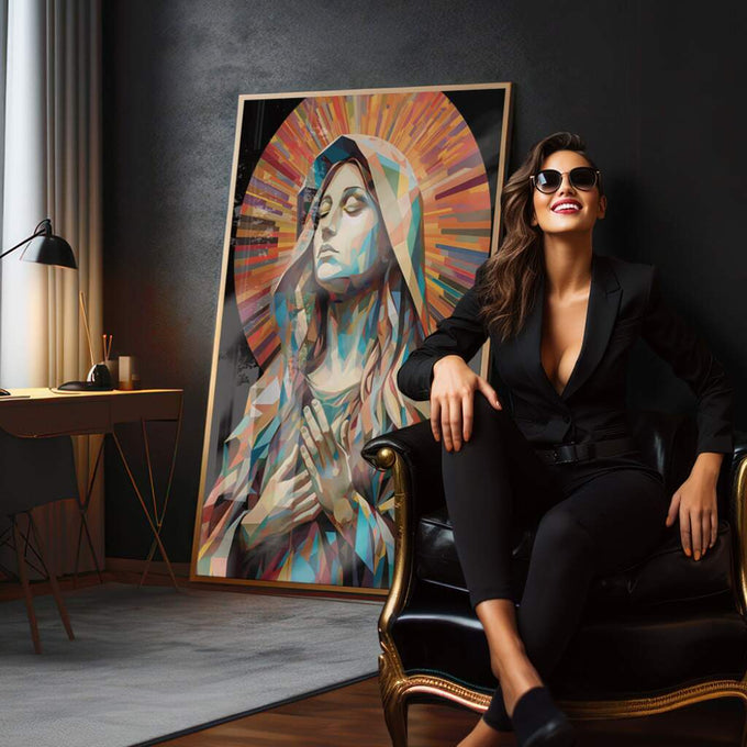 Quadro Decorativo Virgem Maria em Abstração: Inspiração Divina - quadros decorativos para sala 1 Tela Vertical, 3 Telas - em living room premium