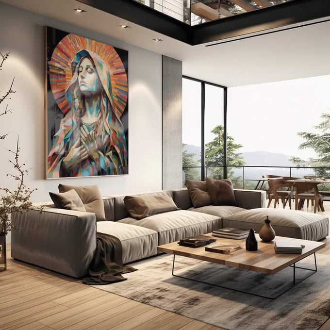 Quadro Decorativo Virgem Maria em Abstração: Inspiração Divina - quadros decorativos para sala 1 Tela Vertical, 3 Telas - em quarto contemporaneo