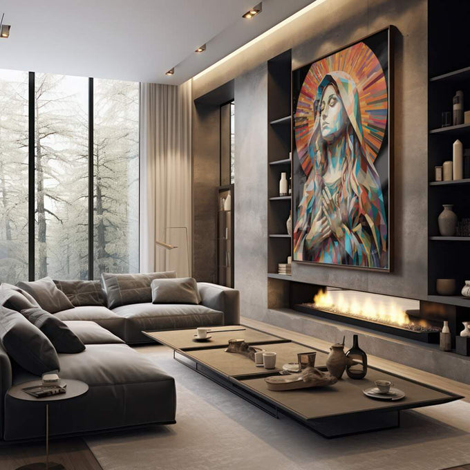 Quadro Decorativo Virgem Maria em Abstração: Inspiração Divina - quadros decorativos 1 Tela Vertical, 3 Telas - em escritorio elegante