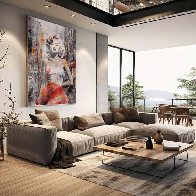 Quadro Decorativo: Marilyn Monroe, a Essência de NY - quadros decorativos para sala 1 Tela Vertical, 3 Telas - em living room premium