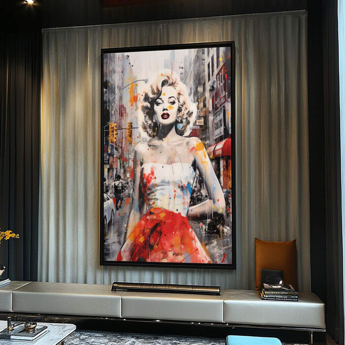 Quadro Decorativo: Marilyn Monroe, a Essência de NY - quadros decorativos para sala 1 Tela Vertical, 3 Telas - em ambiente decorado