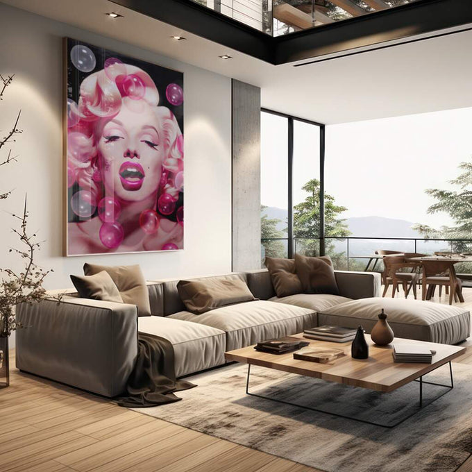 Quadro Decorativo Envolvente: Marilyn Monroe e Bolhas Rosas - quadros decorativos para sala 1 Tela Vertical, 3 Telas - em living room premium
