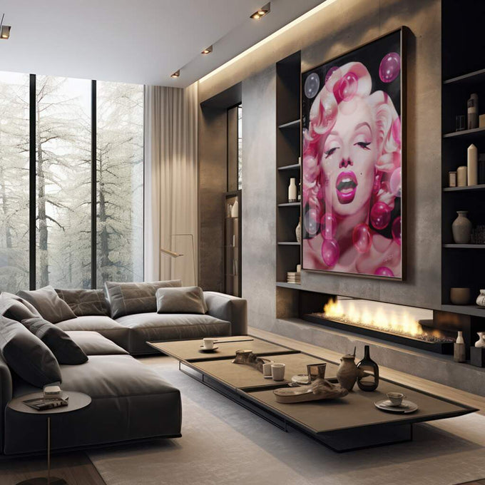 Quadro Decorativo Envolvente: Marilyn Monroe e Bolhas Rosas - quadros decorativos 1 Tela Vertical, 3 Telas - em sala moderna