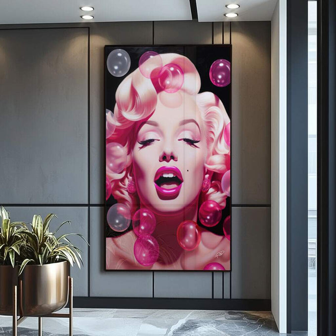 Quadro Decorativo Envolvente: Marilyn Monroe e Bolhas Rosas - quadros decorativos para sala 1 Tela Vertical, 3 Telas - em ambiente decorado