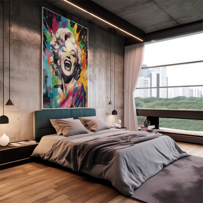 Quadro Decorativo: Sorriso Icônico de Marilyn Monroe - quadros decorativos 1 Tela Vertical, 3 Telas - em escritorio elegante