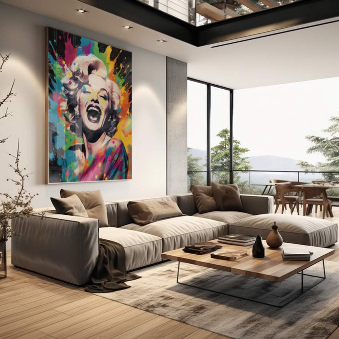 Quadro Decorativo: Sorriso Icônico de Marilyn Monroe - quadros decorativos para sala 1 Tela Vertical, 3 Telas - em living room premium