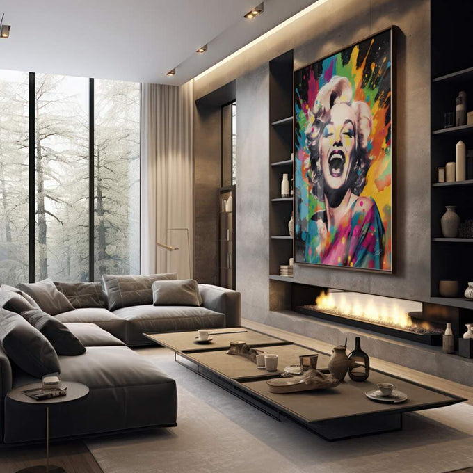 Quadro Decorativo: Sorriso Icônico de Marilyn Monroe - quadros decorativos 1 Tela Vertical, 3 Telas - em sala moderna