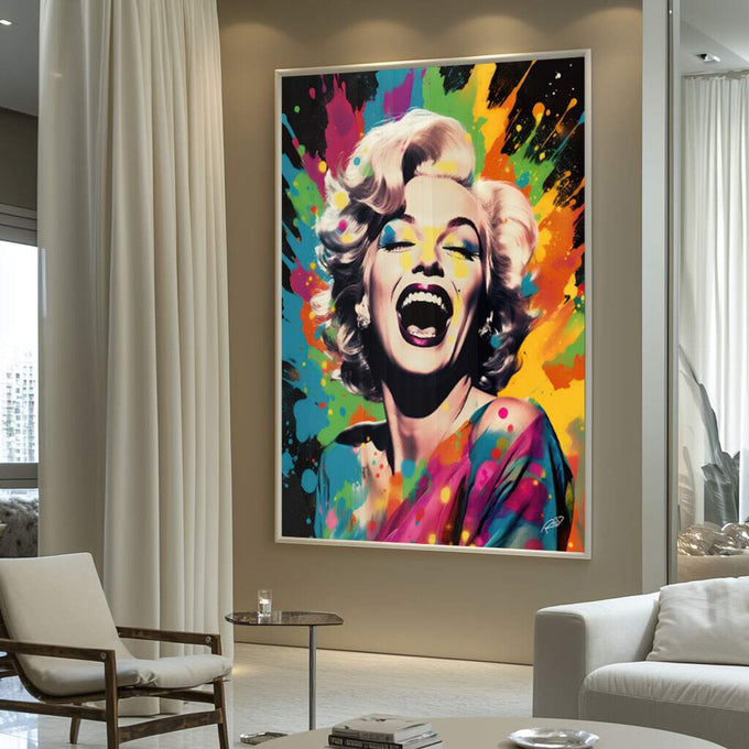 Quadro Decorativo: Sorriso Icônico de Marilyn Monroe - quadros decorativos para sala 1 Tela Vertical, 3 Telas - em ambiente decorado