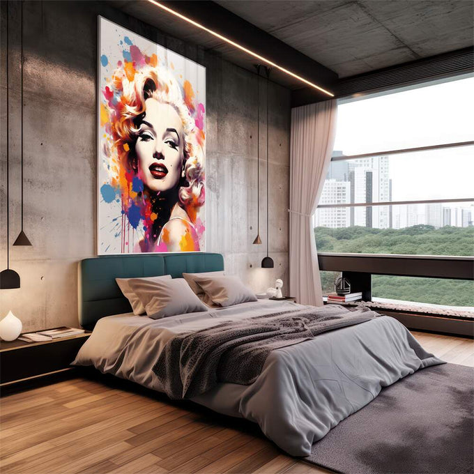 Quadro Decorativo Marilyn Monroe: Beleza Única - quadros decorativos 1 Tela Vertical, 3 Telas - em sala moderna