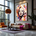 Retrato de Marilyn Monroe com respingos de tinta laranja, rosa e azul em fundo branco, quadro decorativo