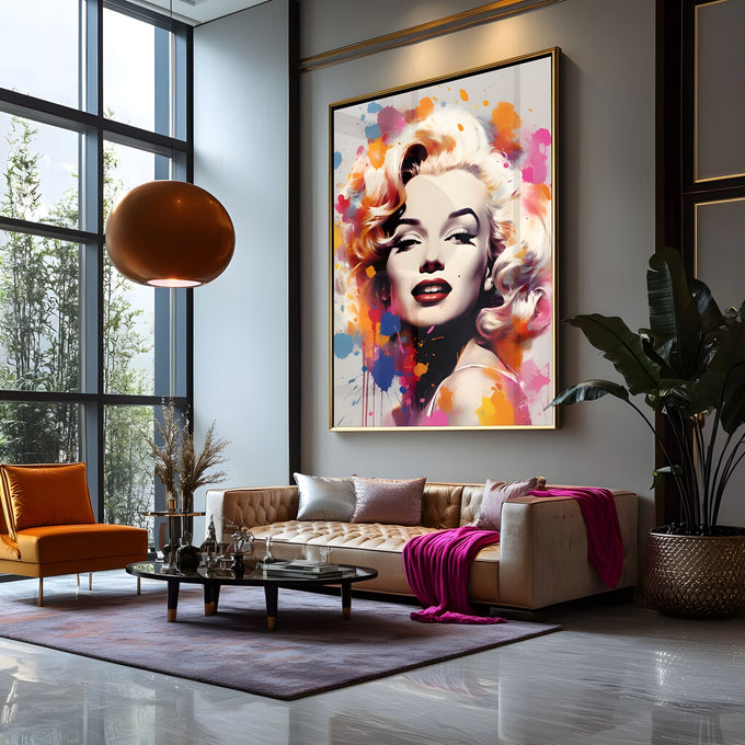 Retrato de Marilyn Monroe com respingos de tinta laranja, rosa e azul em fundo branco, quadro decorativo