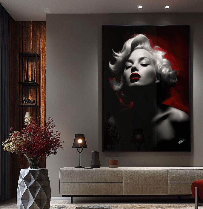 Quadro Decorativo Marilyn Monroe: Elegância Única - quadros decorativos para sala 1 Tela Vertical, 3 Telas - em ambiente decorado