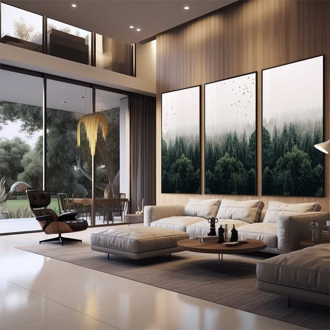 Quadro Decorativo: Refúgio Nebuloso e Pássaros Silenciosos - quadros decorativos para sala 1 Tela Vertical, 3 Telas - em quarto contemporaneo