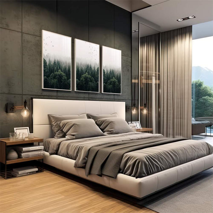 Quadro Decorativo: Refúgio Nebuloso e Pássaros Silenciosos - quadros decorativos para sala 1 Tela Vertical, 3 Telas - em living room premium