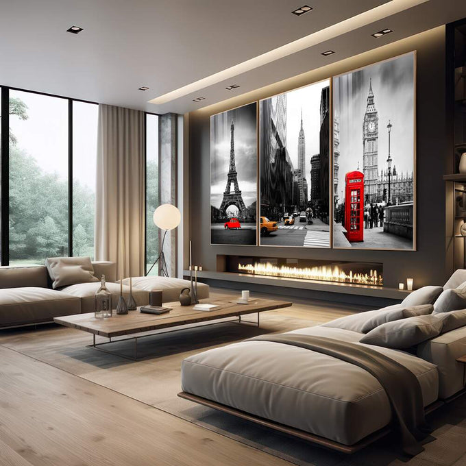 Quadro Decorativo: Paixão por Londres, Paris e Nova Iorque - quadros decorativos 1 Tela Vertical, 3 Telas - em escritorio elegante
