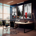 Quadro Decorativo: Paixão por Londres, Paris e Nova Iorque - quadros decorativos 1 Tela Vertical, 3 Telas - em sala moderna