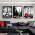 Quadro Decorativo: Paixão por Londres, Paris e Nova Iorque - quadros decorativos para sala 1 Tela Vertical, 3 Telas - em ambiente decorado