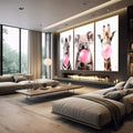 Quadro Decorativo: Alegria na Savana com Chiclete Rosa - quadros decorativos 1 Tela Vertical, 3 Telas - em escritorio elegante