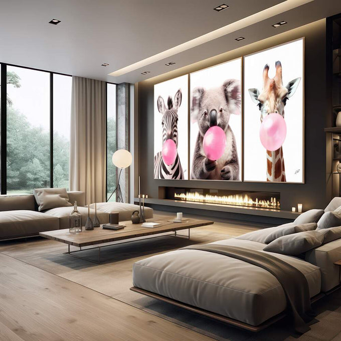 Quadro Decorativo: Alegria na Savana com Chiclete Rosa - quadros decorativos 1 Tela Vertical, 3 Telas - em escritorio elegante