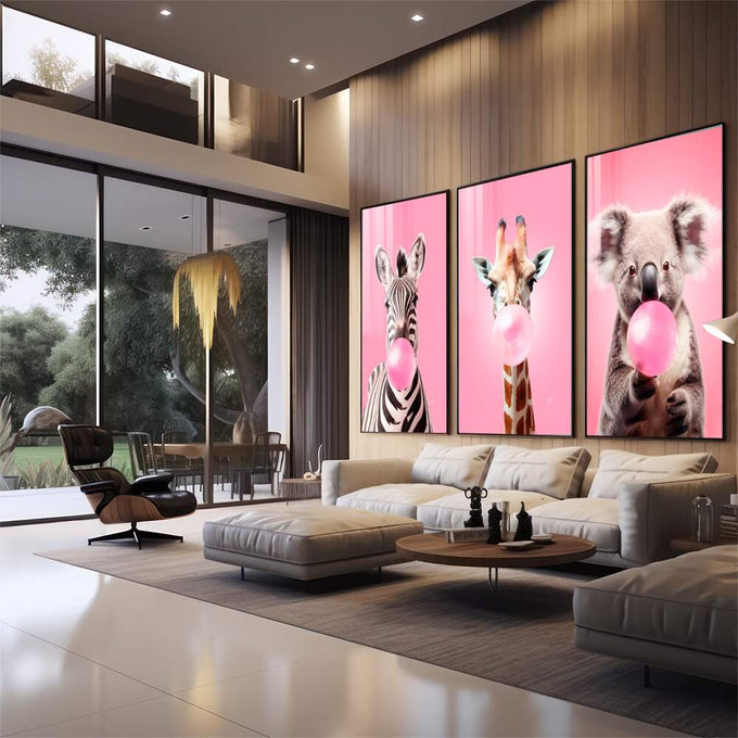Quadro Decorativo Animais bolha de chiclete - quadros decorativos para sala 1 Tela Vertical, 3 Telas - em quarto contemporaneo
