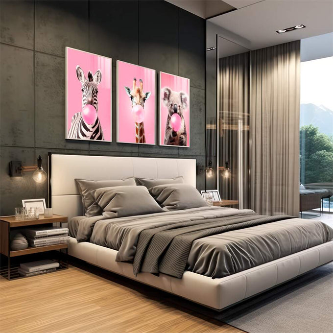 Quadro Decorativo Animais bolha de chiclete - quadros decorativos para sala 1 Tela Vertical, 3 Telas - em living room premium