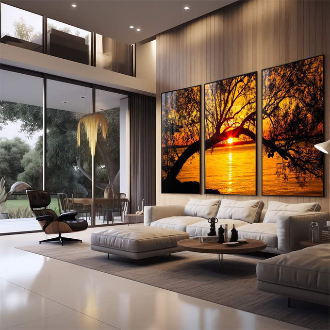 Quadro Decorativo Pôr do Sol Entre Árvores Majestosas - quadros decorativos 1 Tela Vertical, 3 Telas - em escritorio elegante