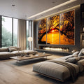 Quadro Decorativo Pôr do Sol Entre Árvores Majestosas - quadros decorativos para sala 1 Tela Vertical, 3 Telas - em living room premium