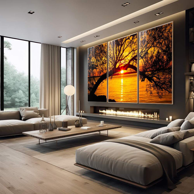 Quadro Decorativo Pôr do Sol Entre Árvores Majestosas - quadros decorativos para sala 1 Tela Vertical, 3 Telas - em living room premium