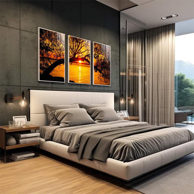 Quadro Decorativo Pôr do Sol Entre Árvores Majestosas - quadros decorativos 1 Tela Vertical, 3 Telas - em sala moderna