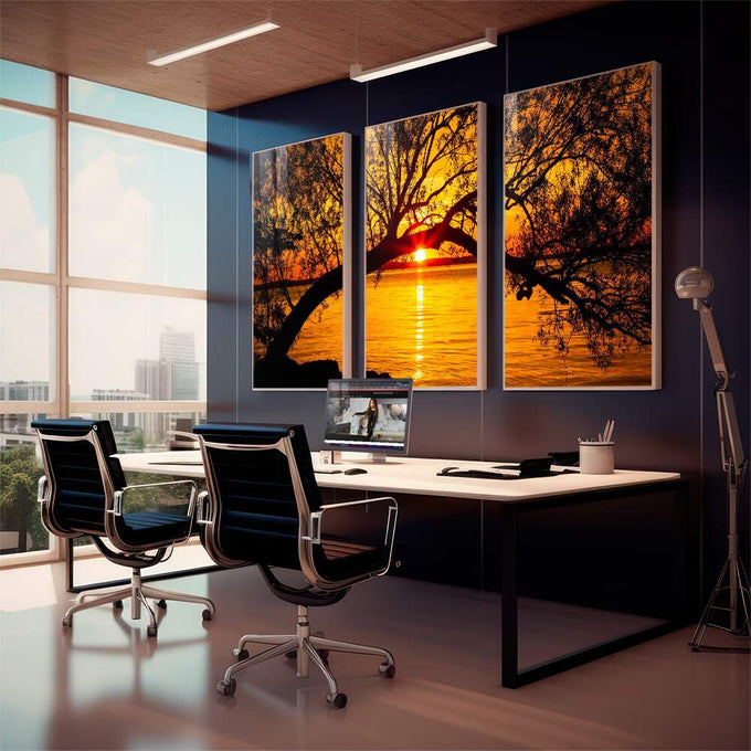 Quadro Decorativo Pôr do Sol Entre Árvores Majestosas - quadros decorativos para sala 1 Tela Vertical, 3 Telas - em quarto contemporaneo