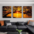 Quadro Decorativo Pôr do Sol Entre Árvores Majestosas - quadros decorativos para sala 1 Tela Vertical, 3 Telas - em ambiente decorado
