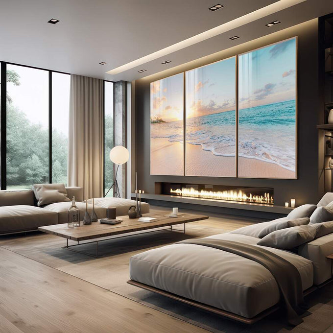 Quadro Decorativo Praia ao Pôr do Sol: Um Encanto Visual - quadros decorativos 1 Tela Vertical, 3 Telas - em escritorio elegante