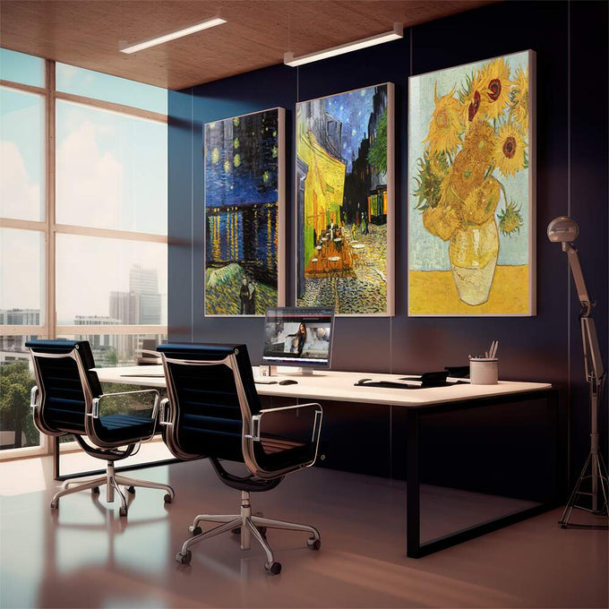Quadro Decorativo Van Gogh: Inspiração que Transcende - quadros decorativos 1 Tela Vertical, 3 Telas - em sala moderna