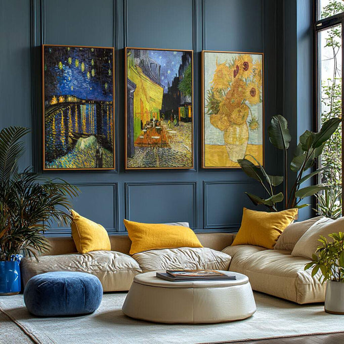Quadro Decorativo Van Gogh: Inspiração que Transcende - quadros decorativos para sala 1 Tela Vertical, 3 Telas - em ambiente decorado