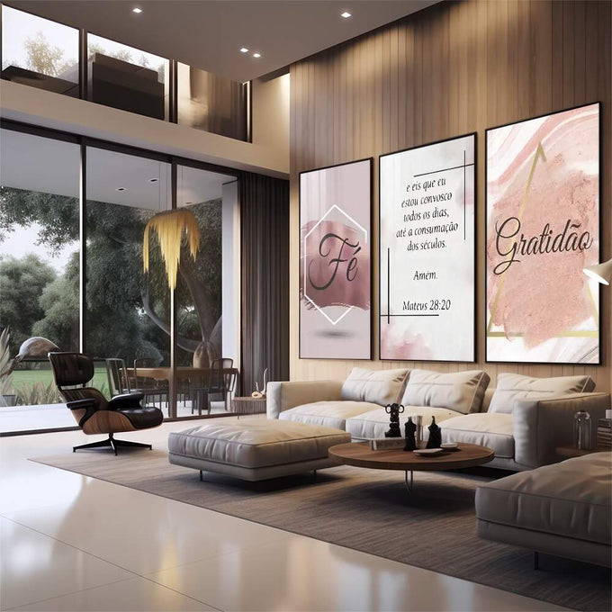 Quadro Decorativo Revelador: Fé e Gratidão Visual - quadros decorativos 1 Tela Vertical, 3 Telas - em sala moderna