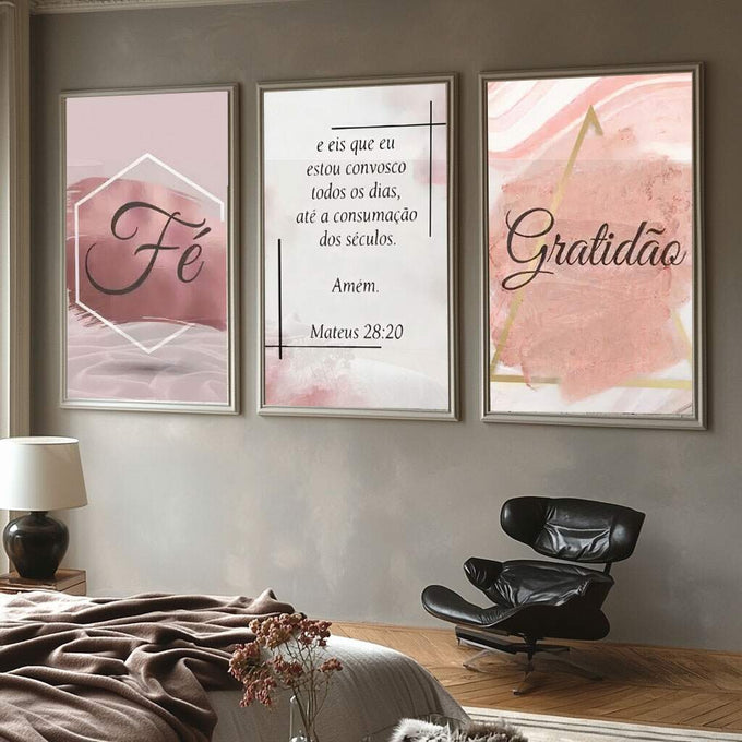 Quadro Decorativo Revelador: Fé e Gratidão Visual - quadros decorativos para sala 1 Tela Vertical, 3 Telas - em ambiente decorado
