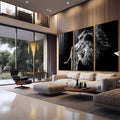 Quadro Decorativo Majestic Pride - Leões em Preto e Branco - quadros decorativos para sala 1 Tela Vertical, 3 Telas - em quarto contemporaneo