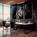 Quadro Decorativo Majestic Pride - Leões em Preto e Branco - quadros decorativos 1 Tela Vertical, 3 Telas - em sala moderna