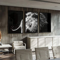 Quadro Decorativo Majestic Pride - Leões em Preto e Branco - quadros decorativos para sala 1 Tela Vertical, 3 Telas - em ambiente decorado