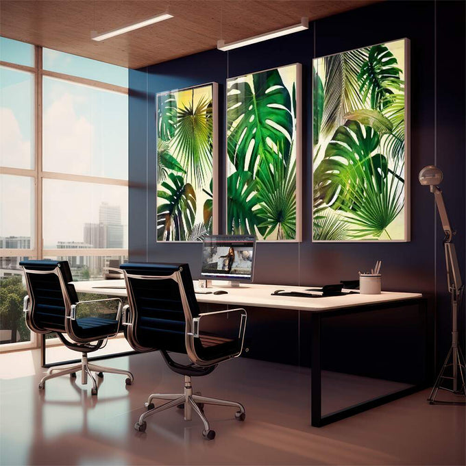 Quadro Decorativo Vida Tropical: Uma Jornada Vibrante - quadros decorativos 1 Tela Vertical, 3 Telas - em sala moderna
