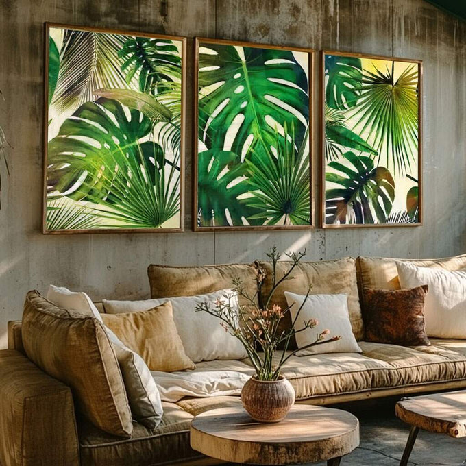 Quadro Decorativo Vida Tropical: Uma Jornada Vibrante - quadros decorativos para sala 1 Tela Vertical, 3 Telas - em ambiente decorado