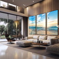 Quadro Decorativo Acalmante Pôr do Sol e Gaivotas - quadros decorativos para sala 1 Tela Vertical, 3 Telas - em quarto contemporaneo